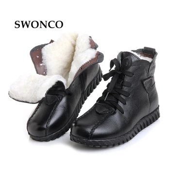 SWONCO Femei Cizme de Iarna din Piele cu Blană Lână Cald Femeie Snow Boot Glezna Cizme Pentru Femei Negru Plat Doamnelor Pantofi de Boot
