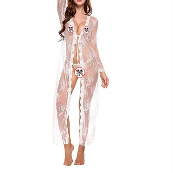 Sexy Lady Lenjerie Robă Lungă Dantelă Vedea prin Sleepwear Bandaj Rochie de Noapte Set Lenjerie Curea Femei cămașă de noapte