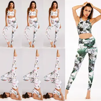 2 buc Femeile fără Sudură Yoga Set de Fitness Îmbrăcăminte Sport Print Floral Sport Topuri Rezervor+de Înaltă Talie Jambiere, Colanti 2 buc Costum de Sport