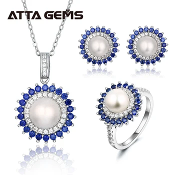 Naturale de Apă dulce Pearl Argint Set de Bijuterii Create Albastru Safir Femei Preferat Clasic Set de Bijuterii pentru Nunta