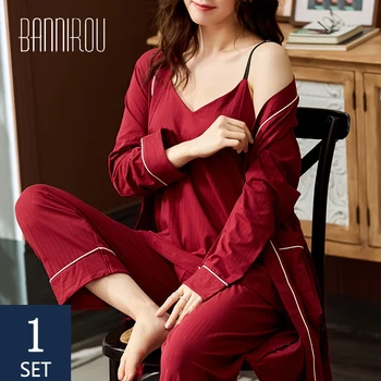 BANNIROU Femeie Pieptănat Bumbac Halat Seturi Elegante de Primavara Toamna Solid Sling Feminin Moale Pijamale din Bumbac Pijama Costum Nou