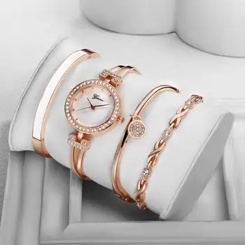 Brand Ginave Brățară Ceas 4 BUC Set Femei a Crescut de Aur cu Diamante Ceas de Lux Bijuterii Doamnelor Fată Feminin Casual Cuarț Ceasuri de mana